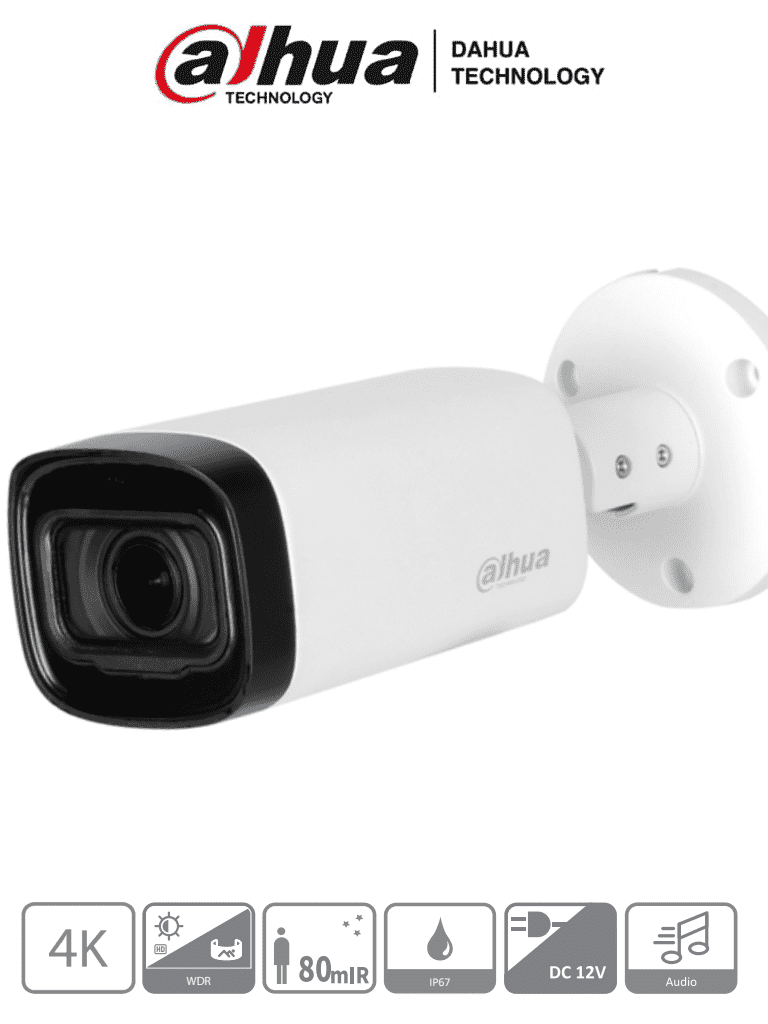 Cámara Dahua DH-HAC-HFW1801RN-Z-A Tipo Bala de 8 MP (4K), Lente Motorizado de 2.7 a 13.5 mm, iR de 80 Mts, Super Adapt, Microfono Integrado, IP67, Análoga