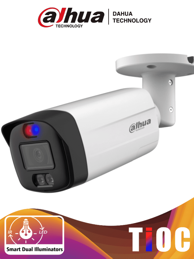 Cámara Dahua HAC-ME1509THN-A-PV-S2 Tipo Bala Tioc de 5 MP, Iluminado Dual Inteligente, Disuasion Activa con Luz Roja y Azul, Lente de 2.8 mm, 111 Grados de Apertura, iR de 40 Mts, Microfono Integrado, Análoga