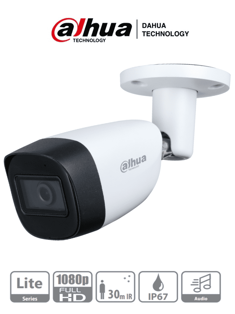 Cámara Dahua HFW1200CMN-A Tipo Bala de 2 MP (1080p), Lente de 2.8 mm, Microfono Integrado, 101 grados de Apertura, iR de 30 Mts - Análoga