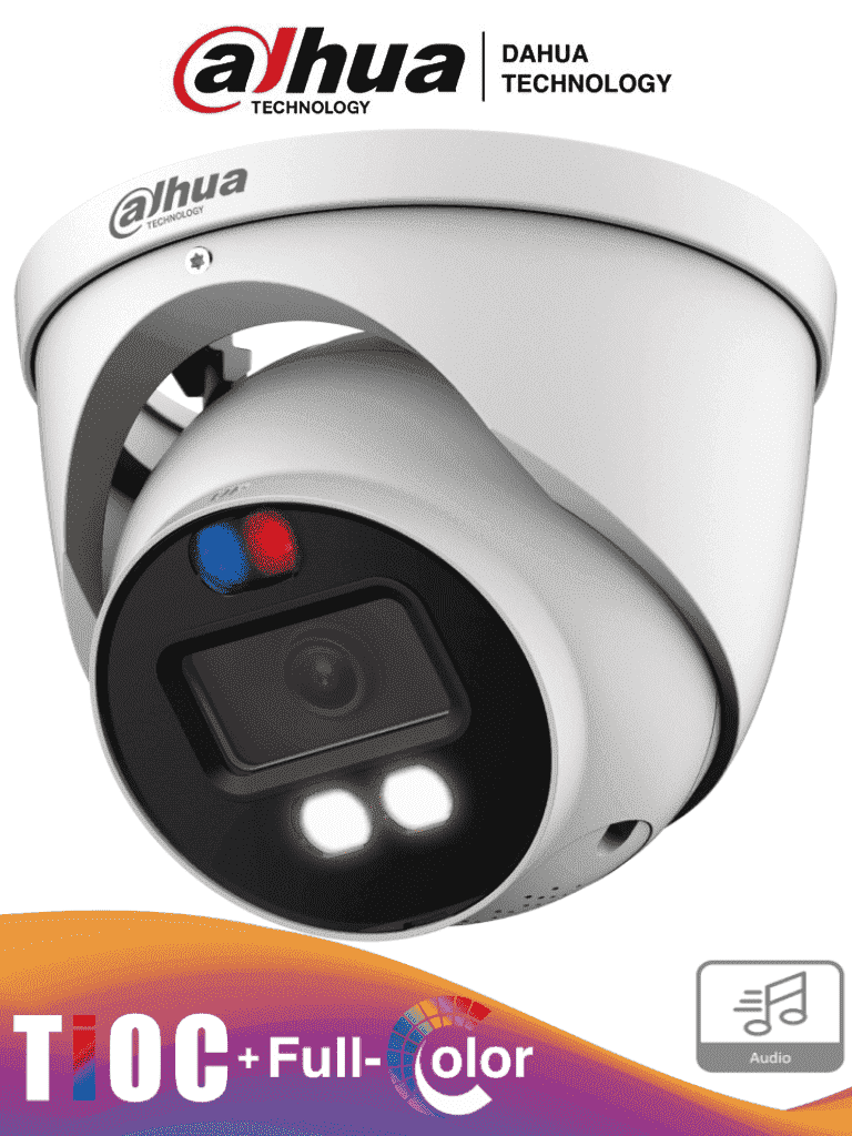 Cámara Dahua HAC-ME1509H-A-PV-S2 Tipo Domo de 5 MP, TIOC, Iluminador Dual Inteligente, Lente de 2.8 mm, 111 Grados De Apertura, iR de 40 Mts, Disuasion Activa Luz Roja Y Azul, Super Adapt, Microfono Integrado, Análoga