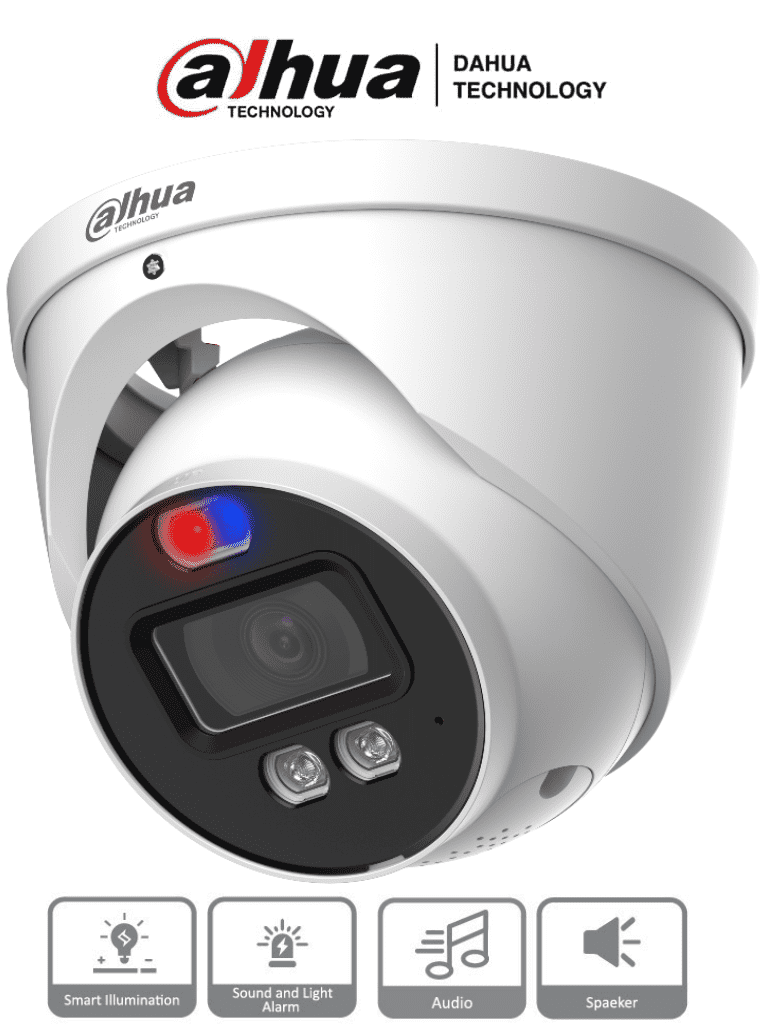 Cámara Dahua HAC-ME1239HN-A-PV Tipo Domo Tioc de 2 MP (1080p) Disuasion Activa Luz Roja y Azul, Lente de 3.6 mm, Super Adapt, Microfono Integrado y Altavoz Integrado, iR de 40 Mts, Análoga
