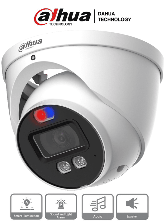 Cámara Dahua HAC-ME1239HN-A-PV Tipo Domo Tioc de 2 MP (1080p) Disuasion Activa Luz Roja y Azul, Lente de 3.6 mm, Super Adapt, Microfono Integrado y Altavoz Integrado, iR de 40 Mts, Análoga