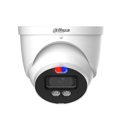 Cámara Dahua HAC-ME1239HN-A-PV Tipo Domo Tioc de 2 MP (1080p) Disuasion Activa Luz Roja y Azul, Lente de 3.6 mm, Super Adapt, Microfono Integrado y Altavoz Integrado, iR de 40 Mts, Análoga
